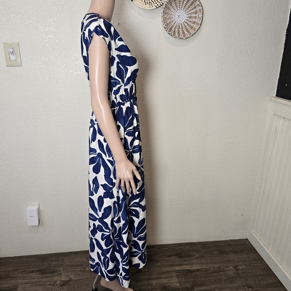 MNG  Long Printed Dress A-line Design Print V-Neck Short Sleeve Ruched Waist - Picture 7 of 12